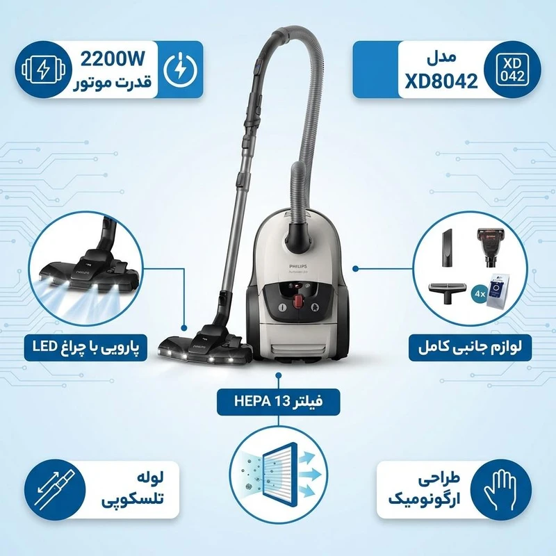جاروبرقی کیسه‌دار فیلیپس مدل XD8042 قسطی